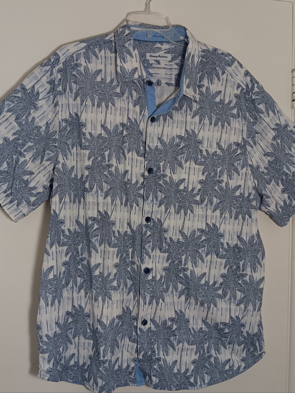 Tommy Bahama Blue and White Palm-Print Short Sleeve Button-Down Size Xxl.